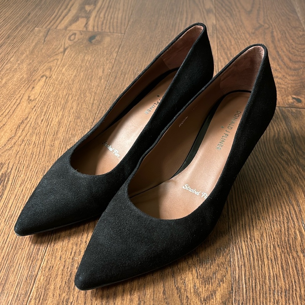 Donald J. Pliner black suede kitten heel pump with pointed toe